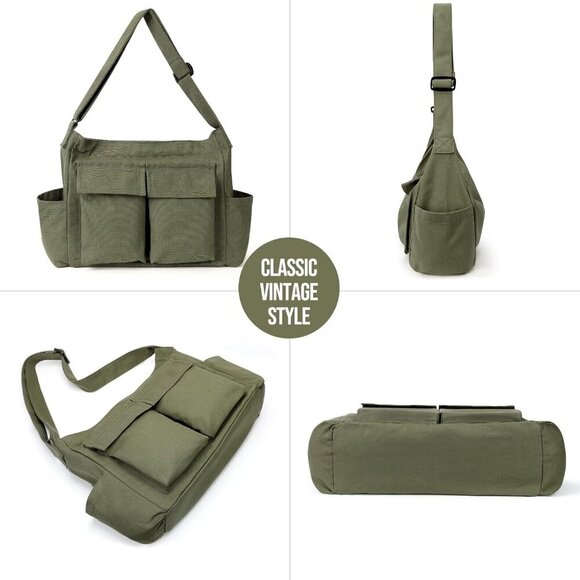 Canvas Messenger Bag Large Capacity Hobo Crossbody Tote for Men Women - Picture 4 of 7